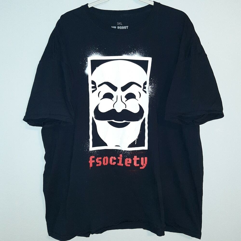 Mr. Robot F Society Mask Black Cotton Short Sleeve T Shirt Size 3XL